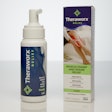 Pump sprayer bottle label and outer carton utilize matching graphics; product can be used in hospitals and by individuals for muscle cramp and spasm relief.