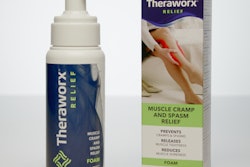 Pump sprayer bottle label and outer carton utilize matching graphics; product can be used in hospitals and by individuals for muscle cramp and spasm relief.