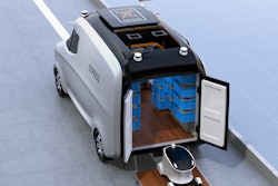 A conceptualized image of a self-driving van with a drone and robot.