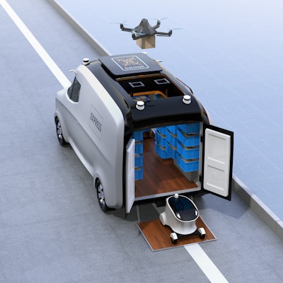 A conceptualized image of a self-driving van with a drone and robot.