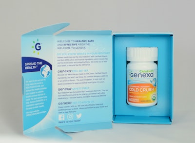 Genexa's medicines are packed with one bottle within a die-cut slot inside a carton that opens much like a book.