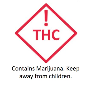 The red symbol for all types of retail and medical marijuana, must include the warning 'Contains Marijuana. Keep away from Children.' The symbol must be at least 1⁄2 in. by 1⁄2 in. on the packaging/labeling.