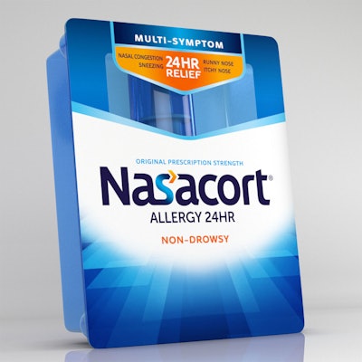 Nasacort's new package includes modernized structural and graphical design includes bolder colors, a window that lets consumers see product, and eliminates the need for an outer carton.