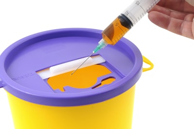 Agency believes final order will decrease regulatory burden on manufacturers as they will no longer be required to submit a premarket approval application (PMA), but can instead submit a less-burdensome premarket notification (510(k)) before marketing this type of device. Shown here is a sharps collection container, not a needle destruction device.