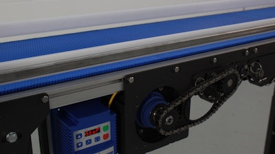 Conveyors use modular chain rather than a fabric belt, and they fit between machines without the worry of the take-up unit creating a huge gap or interfering with the machine.