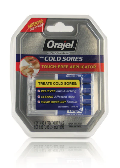 Orajel's product features are clearly stated on front of package, as well as “Patented Treatment” claim; thermoform gives clear view of the vials.