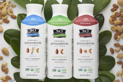 So Delicious Dairy Free’s new Organic Almondmilk with Cashew is packaged in custom bottles made from sugarcane-based plastic.