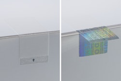 The closed Covert-Hologram Seal appears nearly inconspicuous (left); the irreversible holographic effect only emerges when the seal is opened. (right).