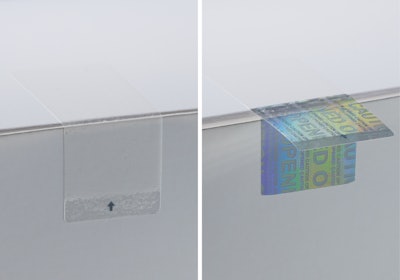 The closed Covert-Hologram Seal appears nearly inconspicuous (left); the irreversible holographic effect only emerges when the seal is opened. (right).
