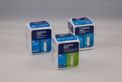 The rebranding from Bayer to Ascensia affected multiple products sold in countries worldwide, with customized packaging in many different languages. Shown here, from left to right, are Spanish, Russian, and English versions of the same product.