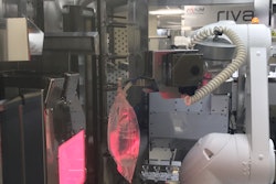 A close-up of the RIVA machine that produces bags for three Mission Health products; two in 500-mL sizes and a third in a 100-mL offering.