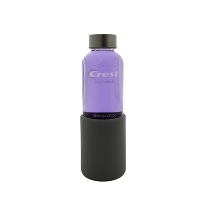 Crest’s new Crest Platinum mouthwash is in a sustainable, refillable glass bottle.