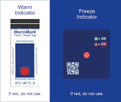 Cold Chain Complete is a combination of two temperature indicators that alert users to exposure of unacceptably high or low temperatures.