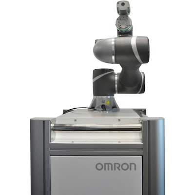 Omron TM5 Series cobot equipped with a 2f-85 gripper from Robotiq, poised and ready for work on the Omron mobile work station.