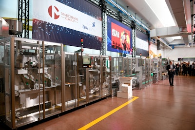 The demo line assembled by Marchesini consisted of three machines for primary, secondary, and tertiary packaging of pharmaceutical blister packs.