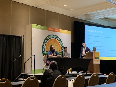 Papa & Barkley’s Guy Rocourt, Kiva Confections’ Caroline Yeh and GeekTek IT Services Eric Schlissel at the 2019 CA Cannabis Business Conference.