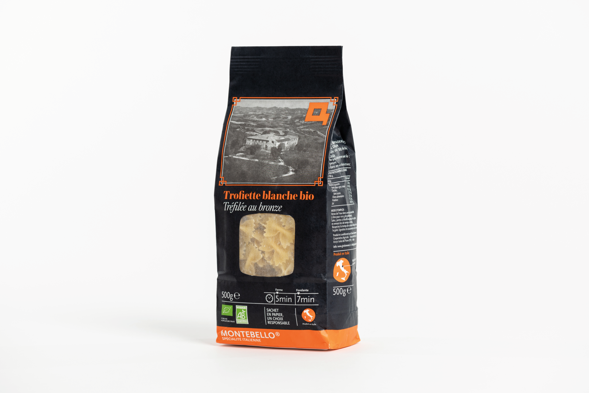 Pulp-based bag for pasta includes a see-through window.