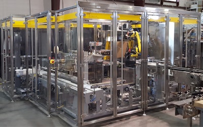 Model CEL5-SL uses a Fanuc M-10iD robot to pick a case from the magazine, square the sides, and run the bottom of the case along a taping system.
