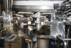 Pre-labeled pouches, seen here from their transparent backs, are being opened and filled in the GP-M3000 before being vibrated to settle the buds, then heat-sealed.