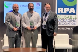 Accepting the Excellence Award on behalf of The Kroger Company is Joe O'Connor (left) and Polymer Logistics is Paul Pederson (center).