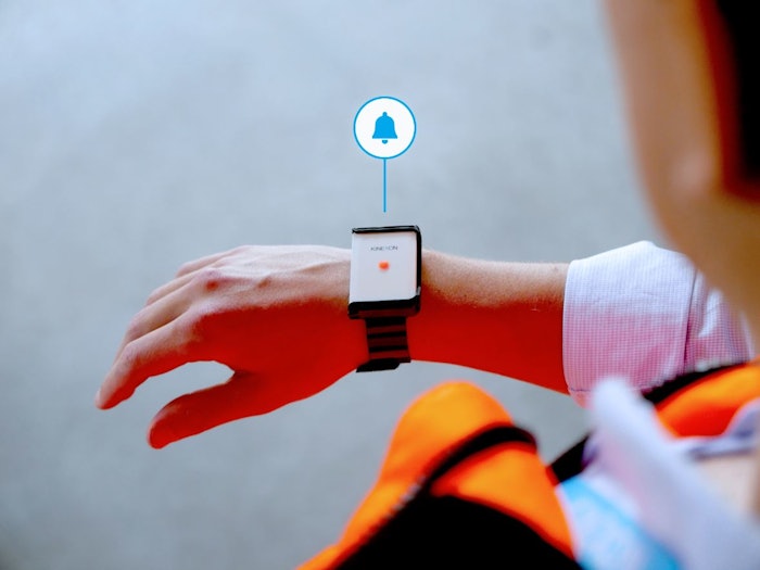 The wearable Kinexon SafeTag warns the user, audibly and visually, when the physical distance with another employee has been compromised.
