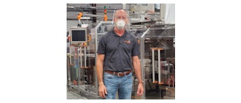 Peter Buczynsky, Vice President & General Manager of Pharmaworks blister packaging machinery with PPE face shield.