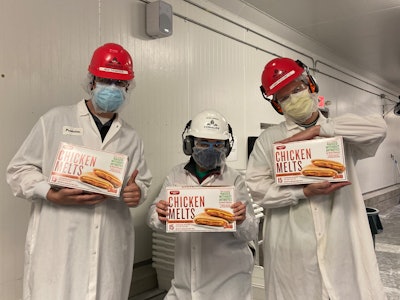 Conagra Brands’ Milwaukee plant team members Nick Thompson, Xiomaris Mendez, and Jake Rozenberg proudly display Chicken Melts products that are now more sustainably produced. Photo courtesy of Conagra Brands.