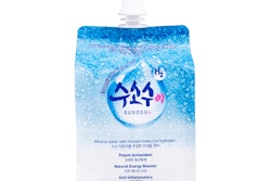 Susosu mineral water infused with molecular hydrogen is packaged in a 300-mL multilayer aluminum pouch with gussets.