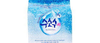 Susosu mineral water infused with molecular hydrogen is packaged in a 300-mL multilayer aluminum pouch with gussets.
