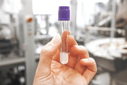 Ready-assembled blood collection tube filled with gel and sealed under vacuum. Further processing involves labeling and placing them into styrofoam trays. (Source: Optima)