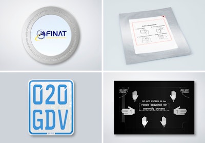 In addition to PlasmaPatch, Patch-Safe (above right), the display protection film (below right) and the adhesive moped plate (below left) won recognition in the FINAT Awards competition.