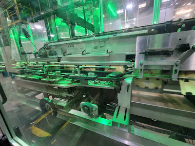 The 2D flat printed paperboard cartons are folded by a plow on the Marksman 750HS to enclose six packs on four sides, locking mechanically without glue.