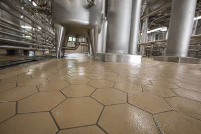 Argelith often supplies flooring to breweries like New Glarus (shown here), which likes the tiles for the aesthetics and their ability to stand up to heavy-duty caustics used to clean the tanks.