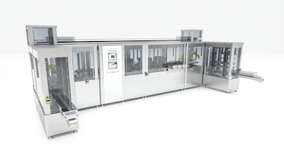 Syntegon has developed a fully integrated syringe inspection line that features a de-nester, a re-nester, and an AI function by default.