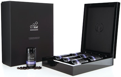 Presentational secondary packaging for the SE85 supplement, which contains a six-month supply of product, is durable and intended to be displayed.