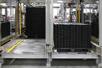 Six depalletizing stations confingured for man-operated or AGV forklift receive full cubes of product in WIP trays.
