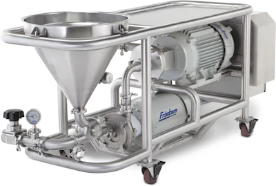 Fristam’s Powder Mixer combines its FZX liquid ring pump with the FS Shear Blender into a single compact system.