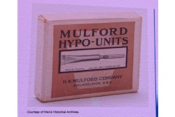 1912: James T. Greely invented the first real disposable syringes and patented their design in 1912. Merck legacy company H.K. Mulford used his patented technology for their Mulford Hypo-Units ready-to-use, sterile disposable syringes. They became ideal for use on the battlefield during World War I. (Credit: Merck Historical Archives)