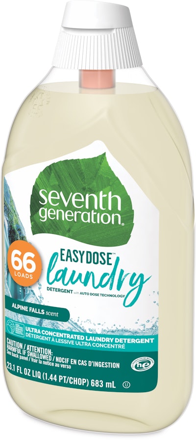 The breakthrough component in this package for concentrated laundry detergent is a cap that doses precisely 11 mL each time the consumer squeezes the PET bottle.