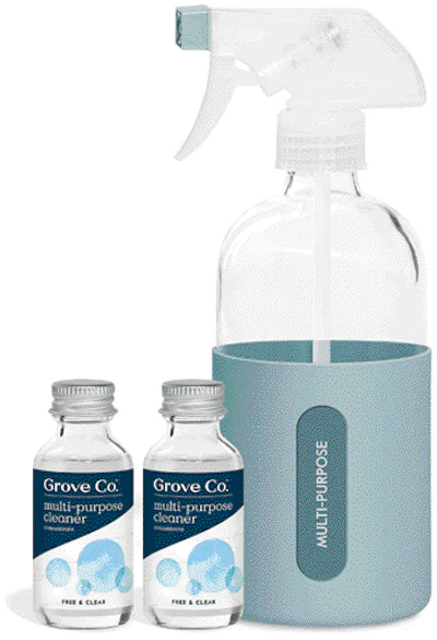 Durable glass cleaner bottle with concentrated replacement cleaners in glass. Just add water at home. (Photo B)