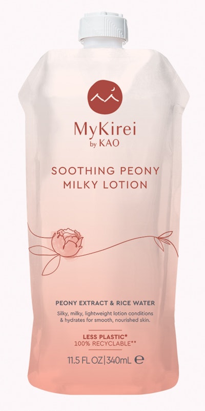 The Eco-Pouch refill snaps into the back of the Eco-Holder by the neck, and a reusable pump dispenser is added.