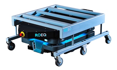 The combination of ROEQ’s TMS-C500 Ext top module and its S-Cart500 Ext cart increases the payload of the MiR250 AMR from 250 to 500 kg.