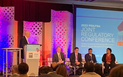 From left, moderator David L. Chesney, MSJ, principal and general manager, DL Chesney Consulting, LLC with Francis RW Godwin, MBA, office director, OC, CDER, FDA; Daniel DeCiero, consumer safety officer, CBER, FDA; Lance M. De Souza, MBA, director, compliance branch, OMPTO, ORA, FDA; and Marea K. Harmon, consumer safety officer, CVM, FDA.