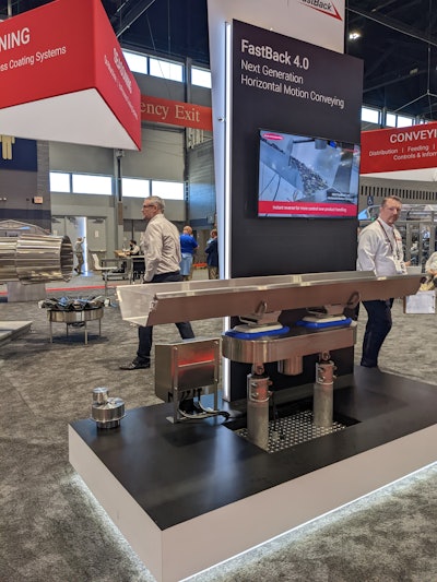 Several manufacturers displayed a new concept of oscillating chutes that did not create vertical vibration. A profiled movement back and forth (cam-driven linear motion) “pulls the rug” from under the components that want to continue moving forward due to the inertia imparted by the forward movement.