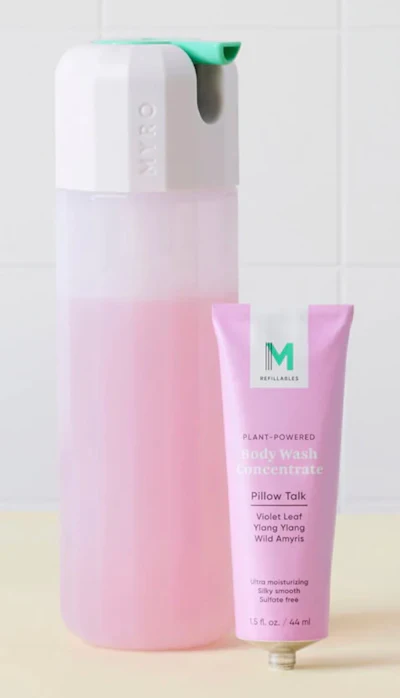 Myro offers its body wash concentrate in an aluminum tube, perfect for squeezing, with a reusable bottle designed with aesthetics in mind.