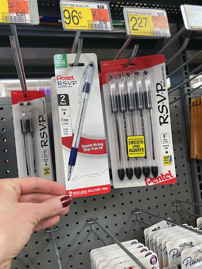 The new Pentel RSVP paper blister pack format on-shelf at retail, among examples of RSVP’s legacy plastic blister.