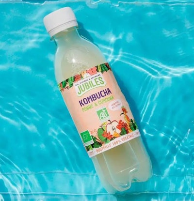 Jubiles' kombucha bottled in compostable bioplastic.