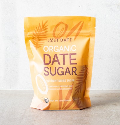 The new 12-oz package for Just Date’s Organic Sugar is a flexible, stand-up pouch made up of HDPE, 40% of which is recycled content, and PET, made up of 90% rPET.
