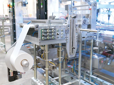 In an added module, wax paper is cut from rollstock, and placed by SCARA robot with vacuum grippers between layers of product.