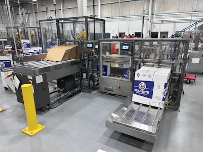 Box shop operations include erecting a heavy, double-walled printed corrugated case, automatic taping, and robotic partition inserting.